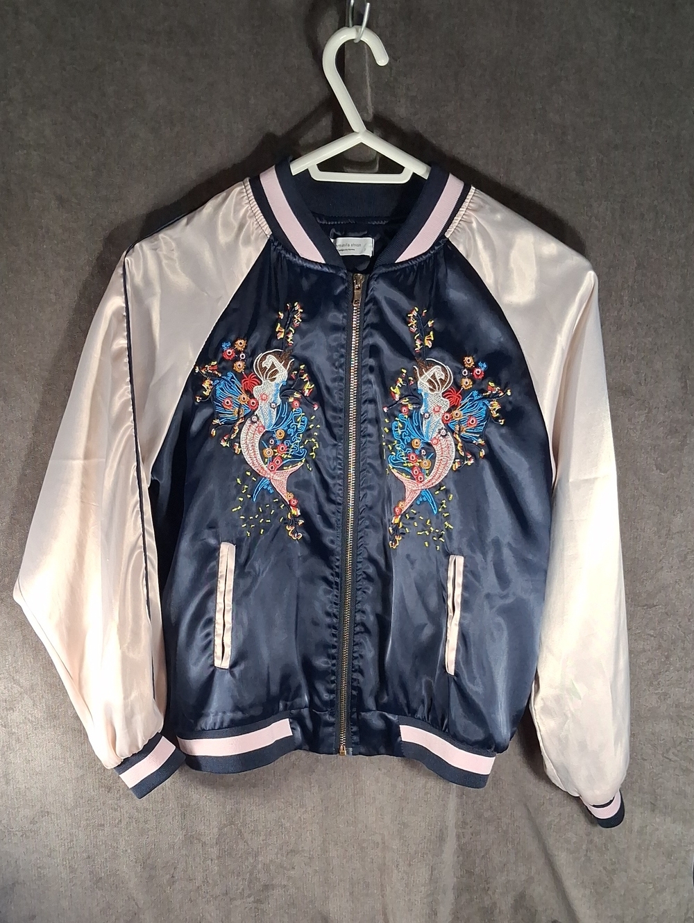 Bymini Fashion Mermaids Navy Pink Satin Sukajan Japanese Style Bomber Jacket G M